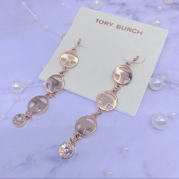 New Tory Burch Gold Round Drop T French Wire Dangle Earrings - Picture 5 of 7